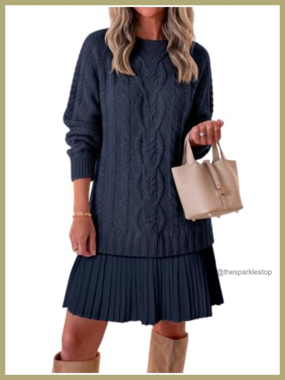Cable Knit Sweater Dress Pleated A-Line Mini Crewneck Long Sleeve Fall Women's